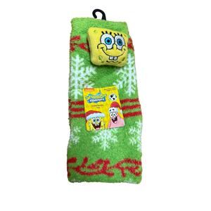 NWT SpongeBob SquarePants Holiday Fuzzy Crew Socks Size 4-10 Christmas Festive